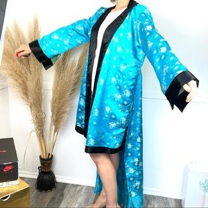 Blue Floral Jacket Uniform Coat Kimono Workwear Long Sleeve Women Asymmetric